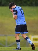 4 February 2023; Dara Keane of UCD reacts after a missed opportunity on goal during the Leinster Senior Cup fourth round match between UCD and Shamrock Rovers at UCD Bowl in Dublin. Photo by Tyler Miller/Sportsfile