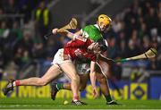 4 February 2023; Eoin Downey of Cork in action against Adam English of Limerick during the Allianz Hurling League Division 1 Group A match between Cork and Limerick at Páirc Ui Chaoimh in Cork. Photo by Eóin Noonan/Sportsfile