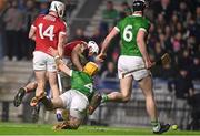 4 February 2023; Declan Dalton of Cork shoots to score his side's second goal despite the efforts of Richie English of Limerick during the Allianz Hurling League Division 1 Group A match between Cork and Limerick at Páirc Ui Chaoimh in Cork. Photo by Eóin Noonan/Sportsfile