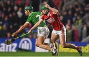 4 February 2023; (EDITORS NOTE; This image contains graphic content) Robbie O’Flynn of Cork collides with Sean Finn of Limerick resulting in an ankle injury during the Allianz Hurling League Division 1 Group A match between Cork and Limerick at Páirc Ui Chaoimh in Cork. Photo by Eóin Noonan/Sportsfile