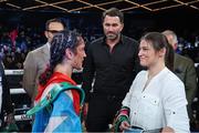 4 February 2023; Boxers Katie Taylor, right, and Amanda Serrano with promoter Eddie Hearn, centre, at Madison Square Garden Theatre in New York, USA, following the announcement of their undisputed world lightweight titles fight rematch, which will take place in Dublin on May 20. Photo by Ed Mulholland / Matchroom Boxing via Sportsfile