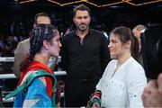 4 February 2023; Boxers Katie Taylor, right, and Amanda Serrano with promoter Eddie Hearn, centre, at Madison Square Garden Theatre in New York, USA, following the announcement of their undisputed world lightweight titles fight rematch, which will take place in Dublin on May 20. Photo by Ed Mulholland / Matchroom Boxing via Sportsfile