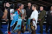 4 February 2023; Boxers Katie Taylor, right, and Amanda Serrano with promoter Eddie Hearn, centre, at Madison Square Garden Theatre in New York, USA, following the announcement of their undisputed world lightweight titles fight rematch, which will take place in Dublin on May 20. Photo by Ed Mulholland / Matchroom Boxing via Sportsfile