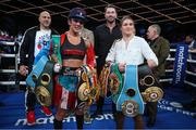 4 February 2023; Boxers Katie Taylor, right, and Amanda Serrano with promoter Eddie Hearn, centre, at Madison Square Garden Theatre in New York, USA, following the announcement of their undisputed world lightweight titles fight rematch, which will take place in Dublin on May 20. Photo by Ed Mulholland / Matchroom Boxing via Sportsfile