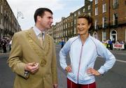 7 June 2004; Lord Mayor of Dublin Royston Brady in conversation with Sonia O'Sullivan before the start of the 2004 Flora Women's Mini-Marathon. Dublin. Picture credit; Brendan Moran / SPORTSFILE