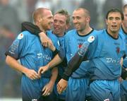 7 June 2004; Glen Crowe, left, Bohemians, is congratulated by team-mates Bobby Ryan, Tony Grant, 2nd right, and Stephen Rice, right, after scoring his sides second goal. eircom League, Premier Division, Drogheda United v Bohemians, United Park, Drogheda, Co. Louth. Picture credit; David Maher / SPORTSFILE