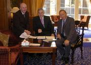 10 June 2004; Denis Egan, left, Chief Executive, The Turf Club, Pierce G Molony, centre, Senior Steward, The Turf Club, and Ivo O'Sullivan, Chairman, Safety Review Group, at the announcement of the Safety Review Group Report and Recommendations published by The Turf Club. The Westbury Hotel, Dublin. Picture credit; Brian Lawless / SPORTSFILE