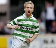 4 June 2004; Steven Gough, Shamrock Rovers, celebrates after scoring a penalty for his side. eircom league, Premier Division, Shamrock Rovers v Drogheda United, Richmond Park, Dublin. Picture credit; Brian Lawless / SPORTSFILE