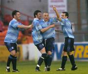 11 June 2004; Dublin City's Gary O'Neill, second from right, celebrates with team-mates, from left, Don Tierney, Killian Brennan, and Jason Colwell after scoring a goal for his side. eircom league, Premier Division, Dublin City v Drogheda United, Tolka Park, Dublin. Picture credit; Brian Lawless / SPORTSFILE