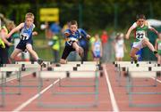 18 August 2013; Dillion Ryan, centre, Moycarkey/ Borris, Co. Tipperary, with Max Corcoran, left, from Portmarnock, Co. Limerick, and Oisin Doyle, from Hacketstown, Co.Carlow, competing in the U10 Boys 60 metre Hurdles Final. Community Games August Festival 2013, Athlone Institute of Technology, Athlone, Co. Westmeath. Picture credit: David Maher / SPORTSFILE