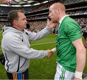 18 August 2013; Clare manager Davy Fitzgerald comforts Limerick's Wayne McNamara after the game. GAA Hurling All-Ireland Senior Championship, Semi-Final, Limerick v Clare, Croke Park, Dublin. Picture credit: Ray McManus / SPORTSFILE