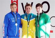 18 August 2013; Ireland's Laurence McGivern, right, from Rostrevor, Co. Down, with his bronze medal after the Men's 100m Backstroke S9 Final, where he finished in third place with a time of 1:04.75, with winner Matthew Cowdrey, Australia, and second place James Crisp, left, Great Britain. 2013 IPC Swimming World Championships, Aquatic Complex, Parc Jean-Drapeau, Montreal, Canada. Picture credit: Vaughn Ridley / SPORTSFILE