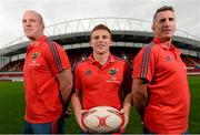 20 August 2013; Bank of Ireland celebrated its return as main sponsor of Munster Rugby with a launch at Thomond Park today. Pictured are Munster's Andrew Conway, centre, Paul O'Connell, left, and head coach Rob Penney. Thomond Park, Co. Limerick. Picture credit: David Maher / SPORTSFILE