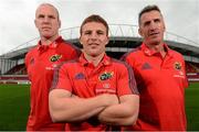 20 August 2013; Bank of Ireland celebrated its return as main sponsor of Munster Rugby with a launch at Thomond Park today. Pictured are Munster's Andrew Conway, centre, Paul O'Connell, left, and head coach Rob Penney. Thomond Park, Co. Limerick. Picture credit: David Maher / SPORTSFILE