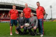 20 August 2013; Bank of Ireland celebrated its return as main sponsor of Munster Rugby with a launch at Thomond Park today. Pictured are Munster's, back row, from left to right, Andrew Conway, Paul O'Connell and head coach Rob Penney with David Merriman, Bank of Ireland Regional Manager of South West, left, and John Keegan, Director of Distribution Channels at Bank of Ireland. Thomond Park, Co. Limerick. Picture credit: David Maher / SPORTSFILE