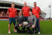 20 August 2013; Bank of Ireland celebrated its return as main sponsor of Munster Rugby with a launch at Thomond Park today. Pictured are Munster's, back row, from left to right, Andrew Conway, Paul O'Connell and head coach Rob Penney with David Merriman, Bank of Ireland Regional Manager of South West, left, and John Keegan, Director of Distribution Channels at Bank of Ireland. Thomond Park, Co. Limerick. Picture credit: David Maher / SPORTSFILE