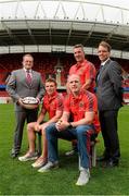 20 August 2013; Bank of Ireland celebrated its return as main sponsor of Munster Rugby with a launch at Thomond Park today. Pictured are John Keegan, Director of Distribution Channels at Bank of Ireland, left, and David Merriman, Bank of Ireland Regional Manager of South West, Munster head coach Rob Penney, centre, with players Andrew Conway, second from left, and Paul O'Connell. Thomond Park, Co. Limerick. Picture credit: David Maher / SPORTSFILE