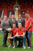 20 August 2013; Bank of Ireland celebrated its return as main sponsor of Munster Rugby with a launch at Thomond Park today. Pictured are, from left to right, John Keegan, Director of Distribution Channels at Bank of Ireland, Garrett Fitzgerald, CEO Munster, Munster's Andrew Conway, David Merriman, Bank of Ireland Regional Manager of South West, Munster captain Paul O'Connell and Munster head coach Rob Penney. Thomond Park, Co. Limerick. Picture credit: David Maher / SPORTSFILE