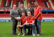 20 August 2013; Bank of Ireland celebrated its return as main sponsor of Munster Rugby with a launch at Thomond Park today. Pictured are, from left to right, John Keegan, Director of Distribution Channels at Bank of Ireland, Garrett Fitzgerald, CEO Munster, Munster's Andrew Conway, David Merriman, Bank of Ireland Regional Manager of South West, Munster captain Paul O'Connell and Munster head coach Rob Penney. Thomond Park, Co. Limerick. Picture credit: David Maher / SPORTSFILE
