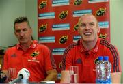 20 August 2013; Munster head coach Ron Penney, left, and Paul O'Connell during a press conference ahead of their pre-season friendly against Gloucester on Saturday. Munster Rugby Press Conference, Thomond Park, Limerick. Picture credit: David Maher / SPORTSFILE