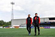 5 August 2022; Caoimhin Porter, left, and Liam Mullan of Derry City before the SSE Airtricity League Premier Division match between Dundalk and Derry City at Oriel Park in Dundalk, Louth. Photo by Ben McShane/Sportsfile