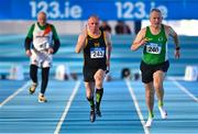 5 February 2023; David Leech of Blackrock AC, Dublin, centre, and Rory O Connor of Tuam AC, Galway, competing in the Men's M65 60m during the 123.ie National Masters Indoor Championships at the TUS International arena in Athlone, Westmeath. Photo by Ben McShane/Sportsfile