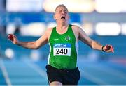 5 February 2023; Rory O Connor of Tuam AC, Galway, reacts after competing in the Men's M65 60m during the 123.ie National Masters Indoor Championships at the TUS International arena in Athlone, Westmeath. Photo by Ben McShane/Sportsfile