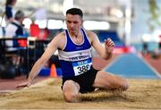 5 February 2023; Patrick Galvin of Finn Valley AC, Donegal, competing in the Men's M45 Long Jump during the 123.ie National Masters Indoor Championships at the TUS International arena in Athlone, Westmeath. Photo by Ben McShane/Sportsfile