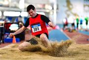 5 February 2023; Vincent White of Kenmare AC, Kerry, competing in the Men's M45 Long Jump during the 123.ie National Masters Indoor Championships at the TUS International arena in Athlone, Westmeath. Photo by Ben McShane/Sportsfile