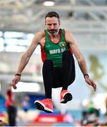 5 February 2023; Sean Mcdonnell of Mayo AC, Mayo, competing in the Men's M40 Long Jump during the 123.ie National Masters Indoor Championships at the TUS International arena in Athlone, Westmeath. Photo by Ben McShane/Sportsfile