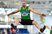 5 February 2023; Ross Miotti of Monaghan Phoenix AC, Monaghan, competing in the Men's M40 Long Jump during the 123.ie National Masters Indoor Championships at the TUS International arena in Athlone, Westmeath. Photo by Ben McShane/Sportsfile