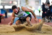 5 February 2023; Cormac Kearney of Craughwell AC, Galway, competing in the Men's M45 Long Jump  during the 123.ie National Masters Indoor Championships at the TUS International arena in Athlone, Westmeath. Photo by Ben McShane/Sportsfile