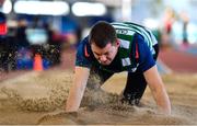 5 February 2023; Renier Botha of Castlegar AC, Mayo, competing in the Men's M35 Long Jump during the 123.ie National Masters Indoor Championships at the TUS International arena in Athlone, Westmeath. Photo by Ben McShane/Sportsfile