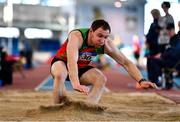 5 February 2023; Keith King of Kilmurray/Ibrick/N.Clare AC, Limerick, competing in the Men's M35 Long Jump during the 123.ie National Masters Indoor Championships at the TUS International arena in Athlone, Westmeath. Photo by Ben McShane/Sportsfile