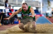 5 February 2023; Ross Miotti of Monaghan Phoenix AC, Monaghan, competing in the Men's M40 Long Jump during the 123.ie National Masters Indoor Championships at the TUS International arena in Athlone, Westmeath. Photo by Ben McShane/Sportsfile