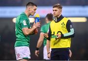 4 February 2023; Jonathan Sexton of Ireland, left, and Jack Crowley during the Guinness Six Nations Rugby Championship match between Wales and Ireland at Principality Stadium in Cardiff, Wales. Photo by David Fitzgerald/Sportsfile