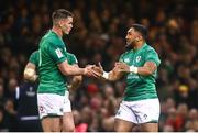 4 February 2023; Jonathan Sexton of Ireland, left, and Bundee Aki during the Guinness Six Nations Rugby Championship match between Wales and Ireland at Principality Stadium in Cardiff, Wales. Photo by David Fitzgerald/Sportsfile