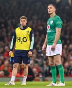 4 February 2023; Jack Crowley of Ireland looks on as teammate Jonathan Sexton prepares to kick a conversion during the Guinness Six Nations Rugby Championship match between Wales and Ireland at Principality Stadium in Cardiff, Wales. Photo by Brendan Moran/Sportsfile