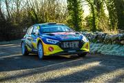 5 February 2023; Sam Moffett and Keith Moriarty in their Hyundai i20 R5 during the Corrib Oil Galway International Rally in Loughrea Co. Galway. Photo by Philip Fitzpatrick/Sportsfile