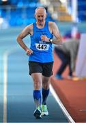 5 February 2023; David Kissane of St. Brendan's AC, Kerry, competing in the Men's M65 3000m Walk during the 123.ie National Masters Indoor Championships at the TUS International arena in Athlone, Westmeath. Photo by Ben McShane/Sportsfile