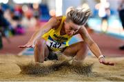 5 February 2023; Paula Guinan of Oughaval AC, Laois, competing in the Women's F40 Long Jump during the 123.ie National Masters Indoor Championships at the TUS International arena in Athlone, Westmeath. Photo by Ben McShane/Sportsfile