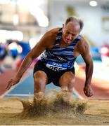 5 February 2023; Joe Frey of Lagan Valley AC, Antrim, competing in the Men's M65 Long Jump during the 123.ie National Masters Indoor Championships at the TUS International arena in Athlone, Westmeath. Photo by Ben McShane/Sportsfile