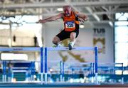 5 February 2023; Niall Kelly of Nenagh Olympic AC, Tipperary, competing in the Men's M60 60m Hurdles during the 123.ie National Masters Indoor Championships at the TUS International arena in Athlone, Westmeath. Photo by Ben McShane/Sportsfile