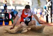 5 February 2023; Mike Furey of Corofin AC, Galway, competing in the Men's M50 Long Jump during the 123.ie National Masters Indoor Championships at the TUS International arena in Athlone, Westmeath. Photo by Ben McShane/Sportsfile