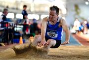 5 February 2023; Tom O Brien of Waterford AC, Waterford, competing in the Men's M55 Long Jump during the 123.ie National Masters Indoor Championships at the TUS International arena in Athlone, Westmeath. Photo by Ben McShane/Sportsfile