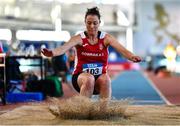 5 February 2023; Marie Deegan of Gowran AC, Kilkenny, competing in the Women's F40 Long Jump during the 123.ie National Masters Indoor Championships at the TUS International arena in Athlone, Westmeath. Photo by Ben McShane/Sportsfile