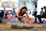 5 February 2023; Laura Mc Ateer of Lucan Harriers AC, Dublin, competing in the Women's F45 Long Jump during the 123.ie National Masters Indoor Championships at the TUS International arena in Athlone, Westmeath. Photo by Ben McShane/Sportsfile