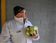 5 February 2023; Umpire Paul Treacy with a packet of sliotars before the Allianz Hurling League Division 1 Group A match between Clare and Westmeath at Cusack Park in Ennis, Clare. Photo by Ray McManus/Sportsfile