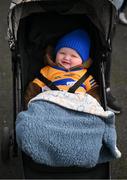 5 February 2023; Six month old Rían Gully, from Cloonlara, on his way to the Allianz Hurling League Division 1 Group A match between Clare and Westmeath at Cusack Park in Ennis, Clare. Photo by Ray McManus/Sportsfile