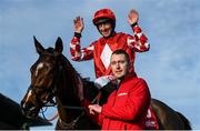 5 February 2023; Jockey Davy Russell celebrates after riding Mighty Potter to victory in the Ladbrokes Novice Steeplechase on day two of the Dublin Racing Festival at Leopardstown Racecourse in Dublin. Photo by Seb Daly/Sportsfile